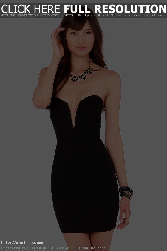 Deep V Black Strapless Dress