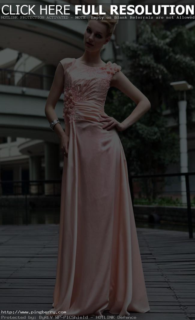 pink satin column bateau neckline prom dress