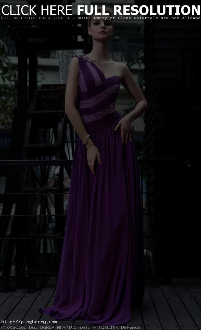 purple silk column one shoulder strap neckline prom dress
